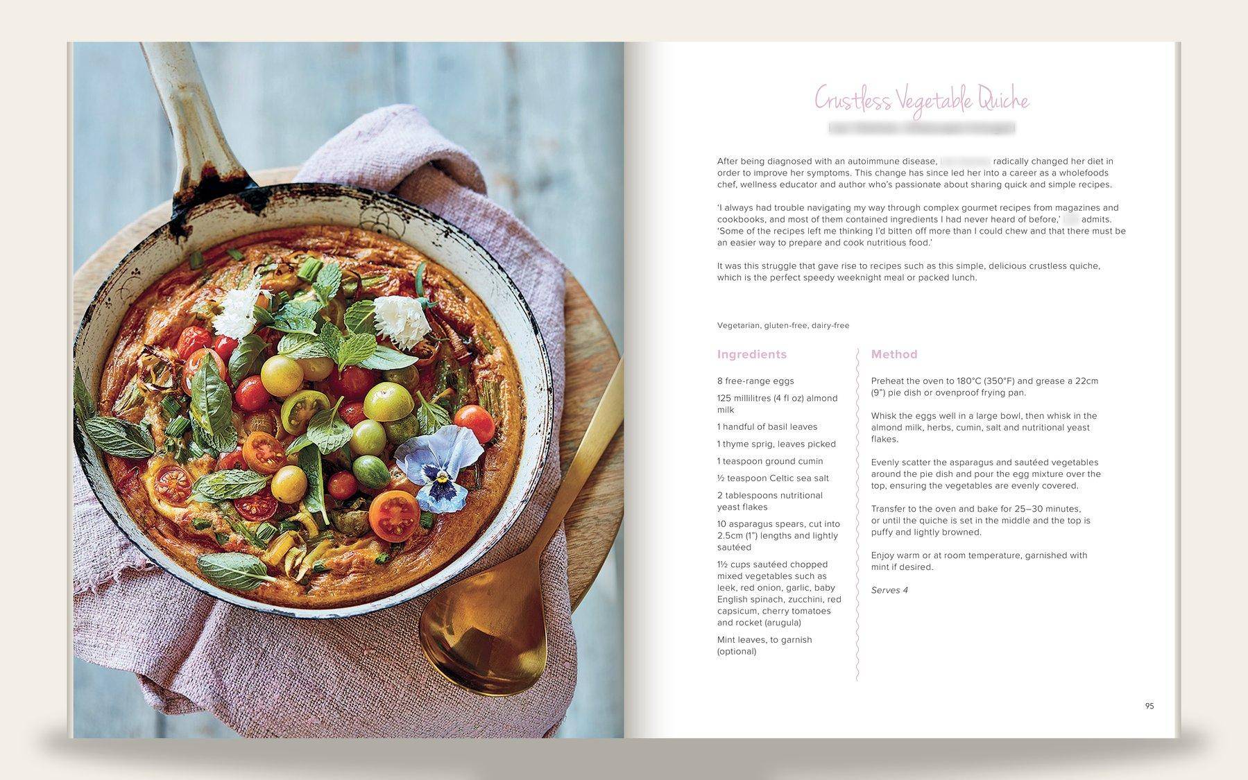Wholefoods cookbook spread: a full-bleed photograph of a finished crustless vegetable quiche fills the left page; the right page opens the recipe with "Crustless Vegetable Quiche" in a pink script title and a contributor byline, a short intro, dietary tags, and a two-column Ingredients and Method layout under coral section headings with dotted column rules.