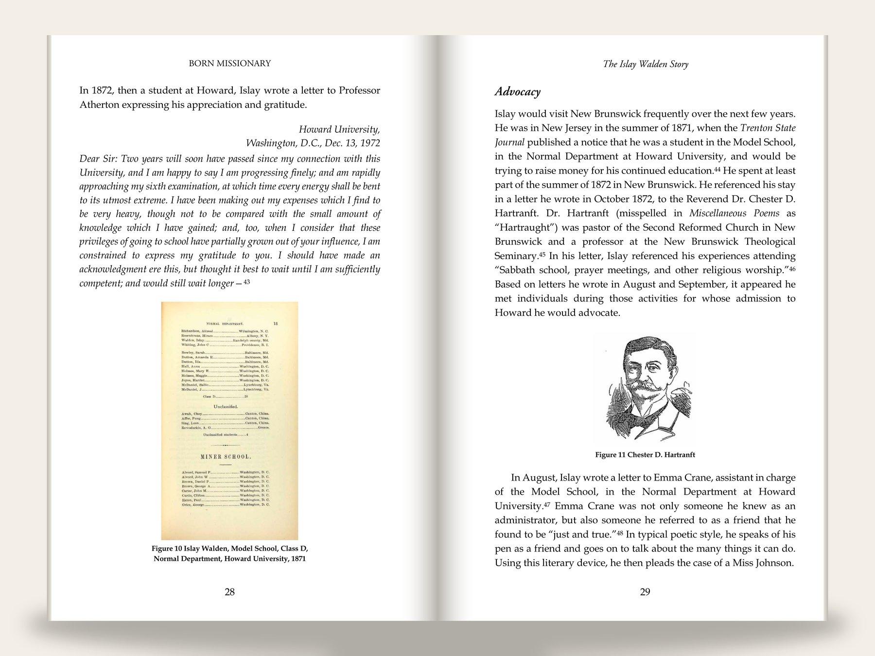 Biography spread with the verso running head "Born Missionary" and the italic recto running head "The Islay Walden Story": justified serif body text, an italic block-quoted 1872 letter, and two captioned historical figures (a class-roster facsimile and a pen-and-ink portrait) set into the columns with superscript footnote markers and centered page numbers.