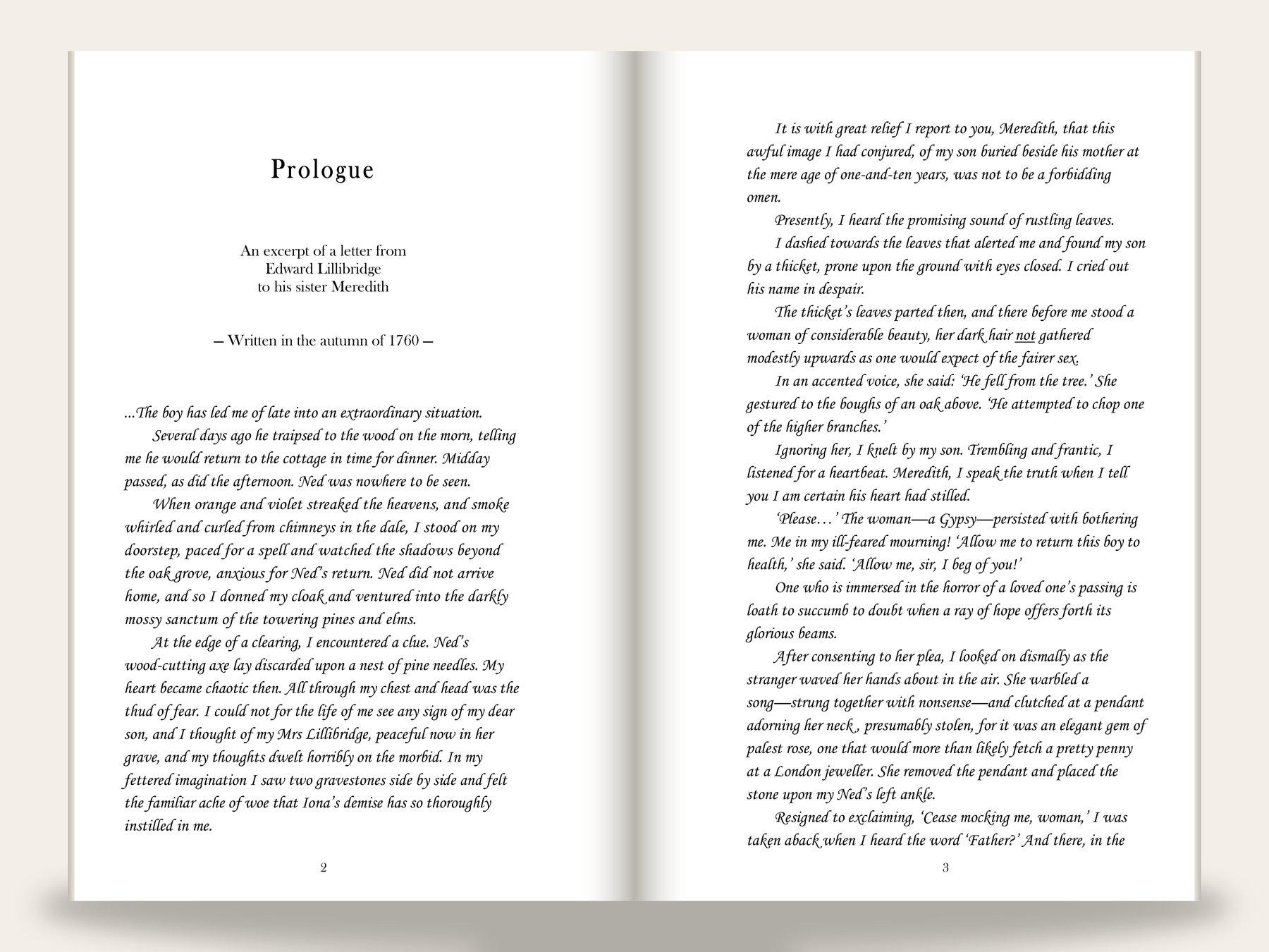 Fantasy novel prologue spread: left page sets "Prologue" in a generous serif display face above a centered subtitle ("An excerpt of a letter from Edward Lillibridge to his sister Meredith, written in the autumn of 1760") and opens the body in justified serif type; right page continues the prologue body across the gutter with consistent leading and a small folio.