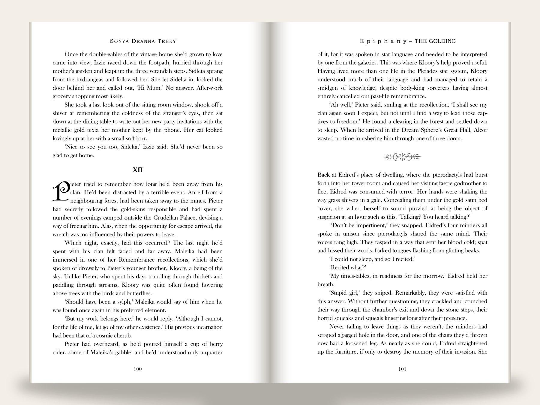 Fantasy novel body spread: left page carries the author running head "Sonya Deanna Terry" and breaks mid-page to chapter "XII" with a decorative drop cap on the opening word; right page carries the book running head "Epiphany - The Golding," a small centered ornament divider, and continues into dialogue.