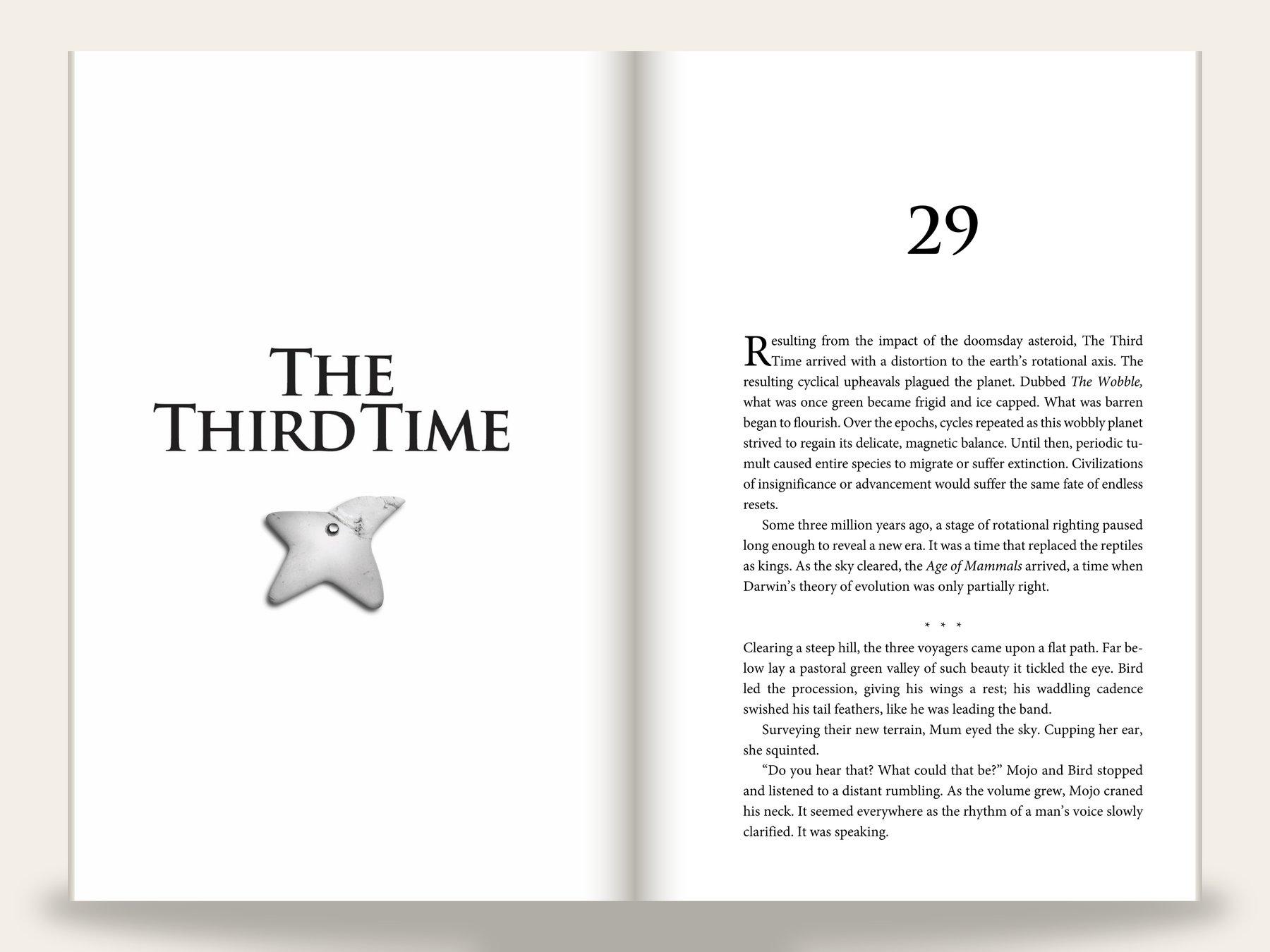 Open spread of a 6 by 9 fiction novel interior: left page shows the chapter title set in a serif display face above a small ornament; right page begins the chapter body with a large drop cap.