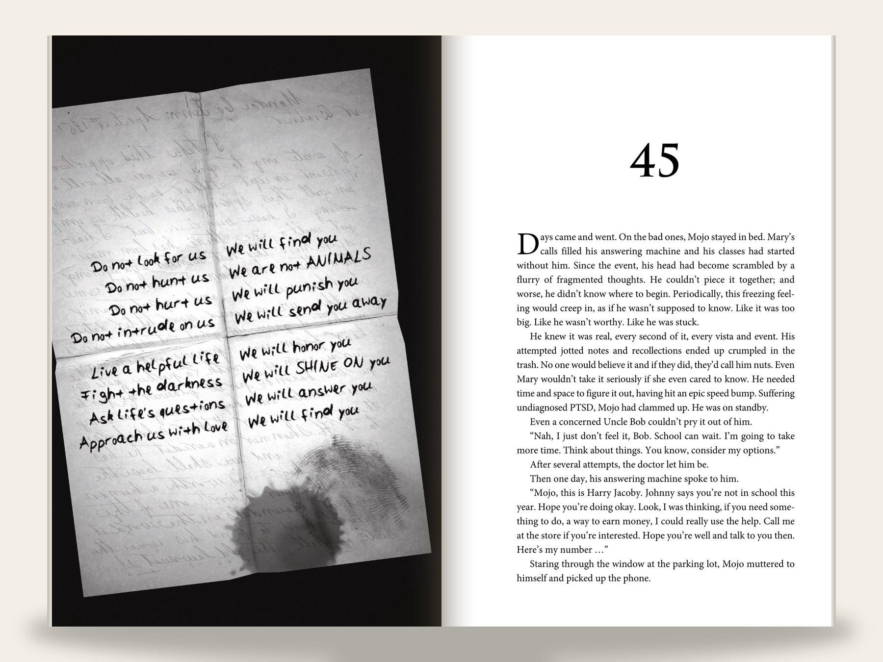 Fiction novel chapter opening: left page set in heavy serif display type above a hand-drawn ornament; right page begins body text with a drop cap.
