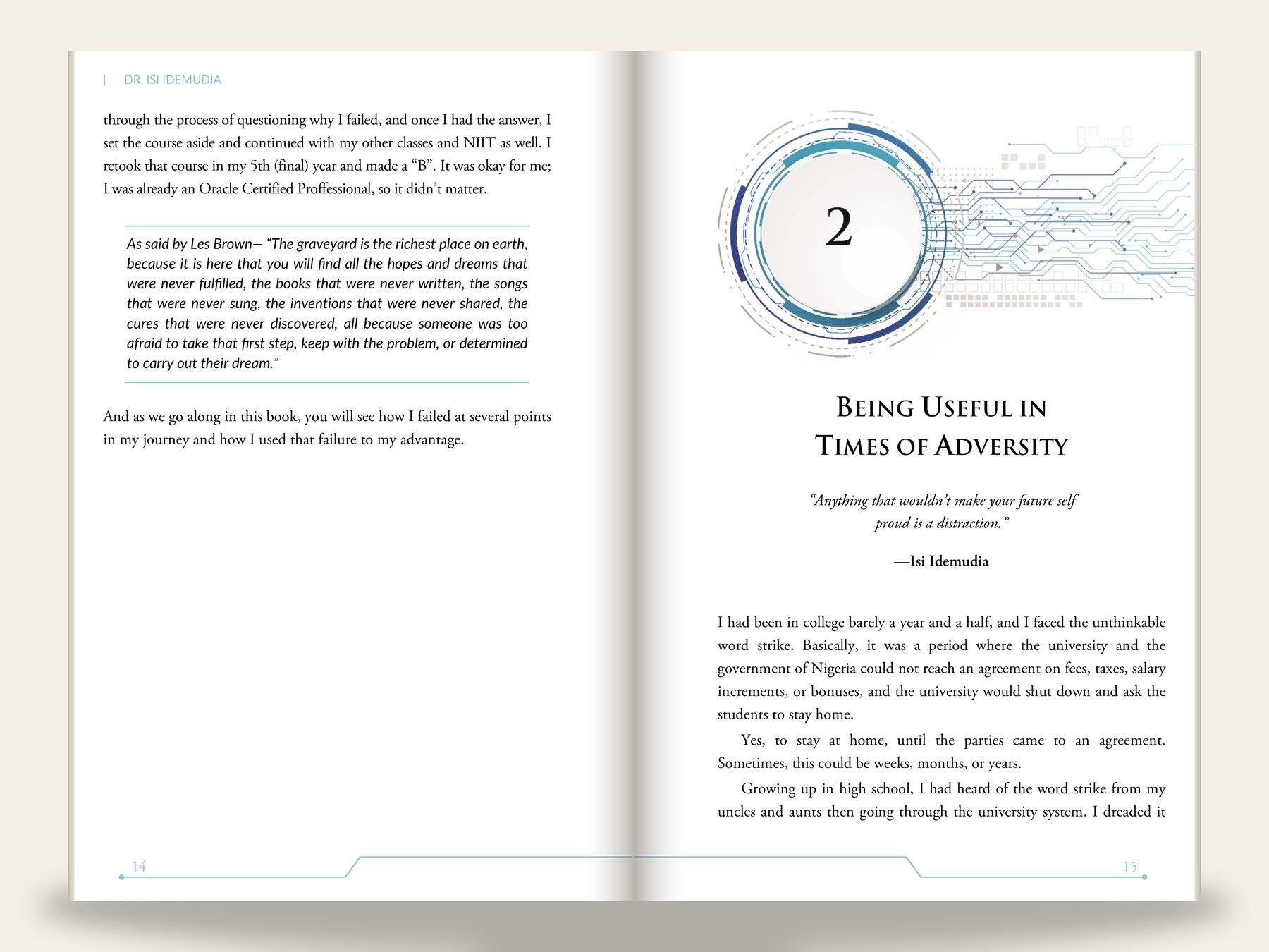 Open spread of a 6 by 9 memoir interior: left page ends a chapter with a pull-quote in italic; right page opens chapter two with a circuit-board chapter ornament, a small-caps chapter title, and an italic epigraph above the body text.